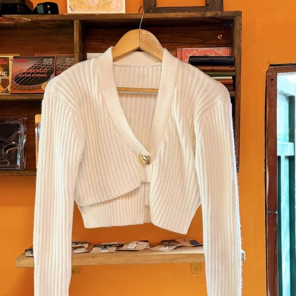 Cream Ribbed Crop Cardigan Gold Button - Picture 1 of 4